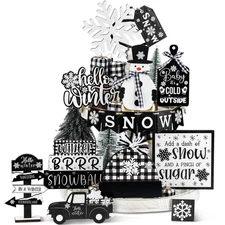 18 Pcs Christmas Tiered Tray Decor Black White Buffalo Plaid Snowman Snowflak...