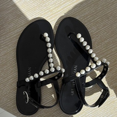 Stuart Weitzman Black Pearl Strappy Flat Ankle Strap Buckle Sandals US 5