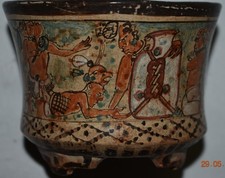 BEAUTIFUL MAYAN BOWL, glyphs & gods, many figures 5"