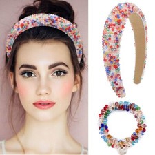 Wide Baroque Headbands Glitter Rhinestone Hairbands with Beaded Hair Ties Col...