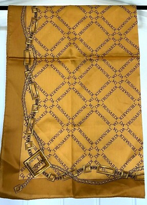 TRUSSARDI NECK SCARF -DIAMOND BLACK MONOGRAM -GOLD BELTS COTTON 21'' x 20''