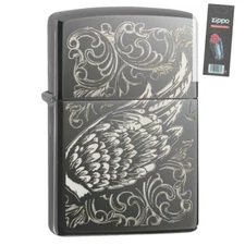 Zippo 29881 Filigree Flame Wing Design Black Ice 2 Sided Lighter + FLINT PACK