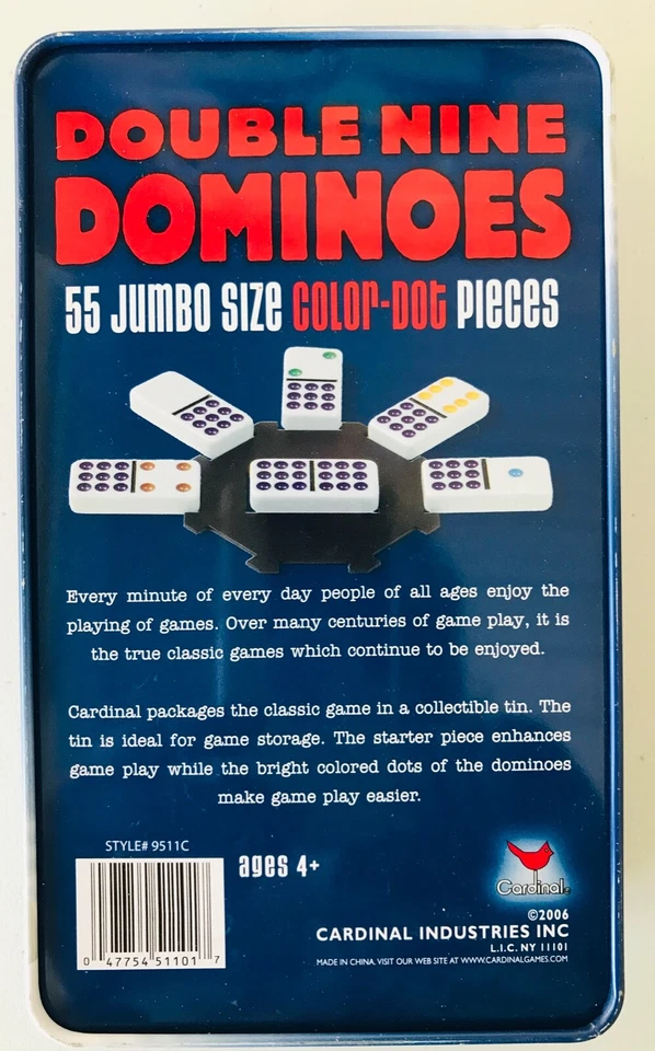 Double Nine Dominoes 55 Jumbo Size Color Dot by Cardinal in Tin Container 2006 - Image 3 of 4