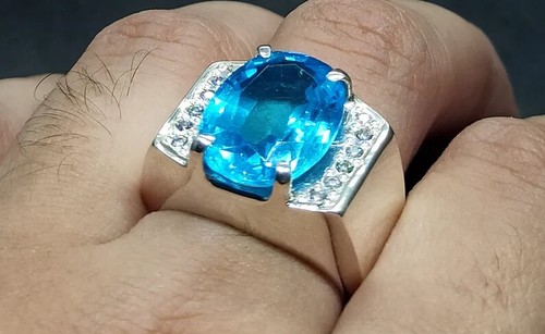 Sparkling Solitaire 11.88TCW Blue Topaz & White Sapphire With 935 Silver Ring - Picture 5 of 11