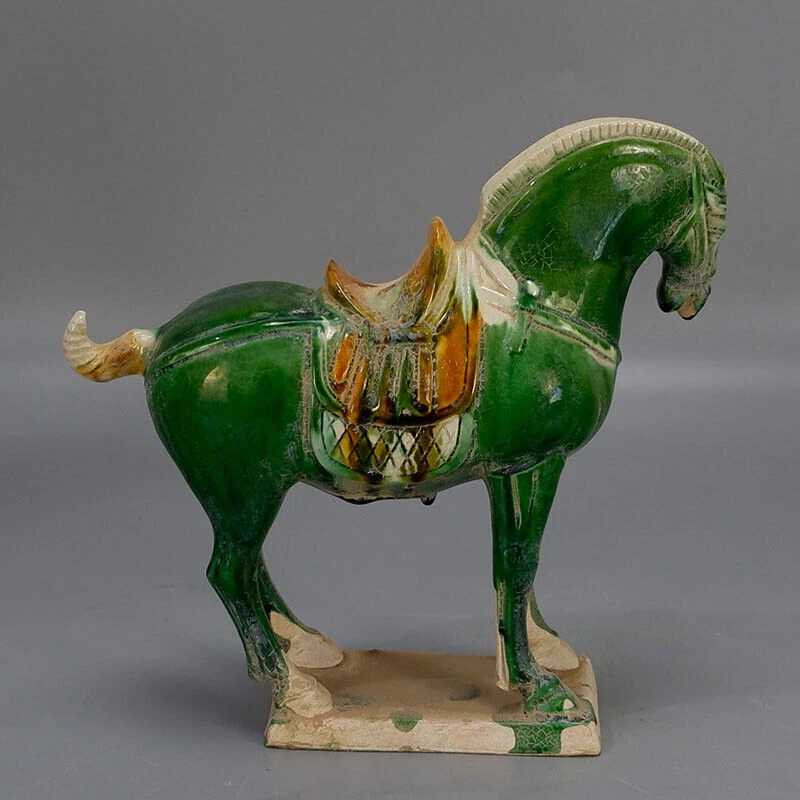 Estatua china de porcelana de caballo de guerra verde cerámica esmaltada tricolor Tang 9,0 pulgadas Foto 3 de 4