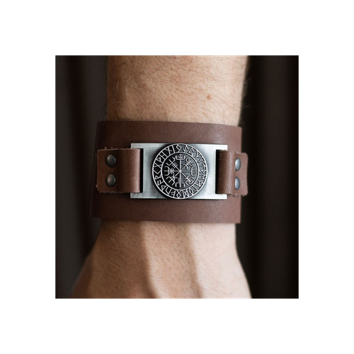 Brújula vikinga nórdica pulsera de cuero genuino brazalete ajustable a presión para hombres joyería