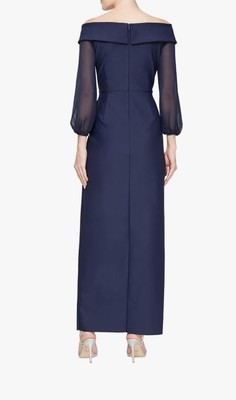 Alex Evenings Dress Cascade Ruffle Mother of The Bride Sheer Sleeve Navy  Blue 8