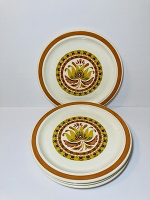 4 VTG Royal China Dinner Plates Tulips Orange Rim Folk Art Ironstone 10.5  EUC