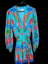 Adrianna Papell Women’s 12 Blue Floral Tie Waist Fit & Flare Dress Long Sleeve