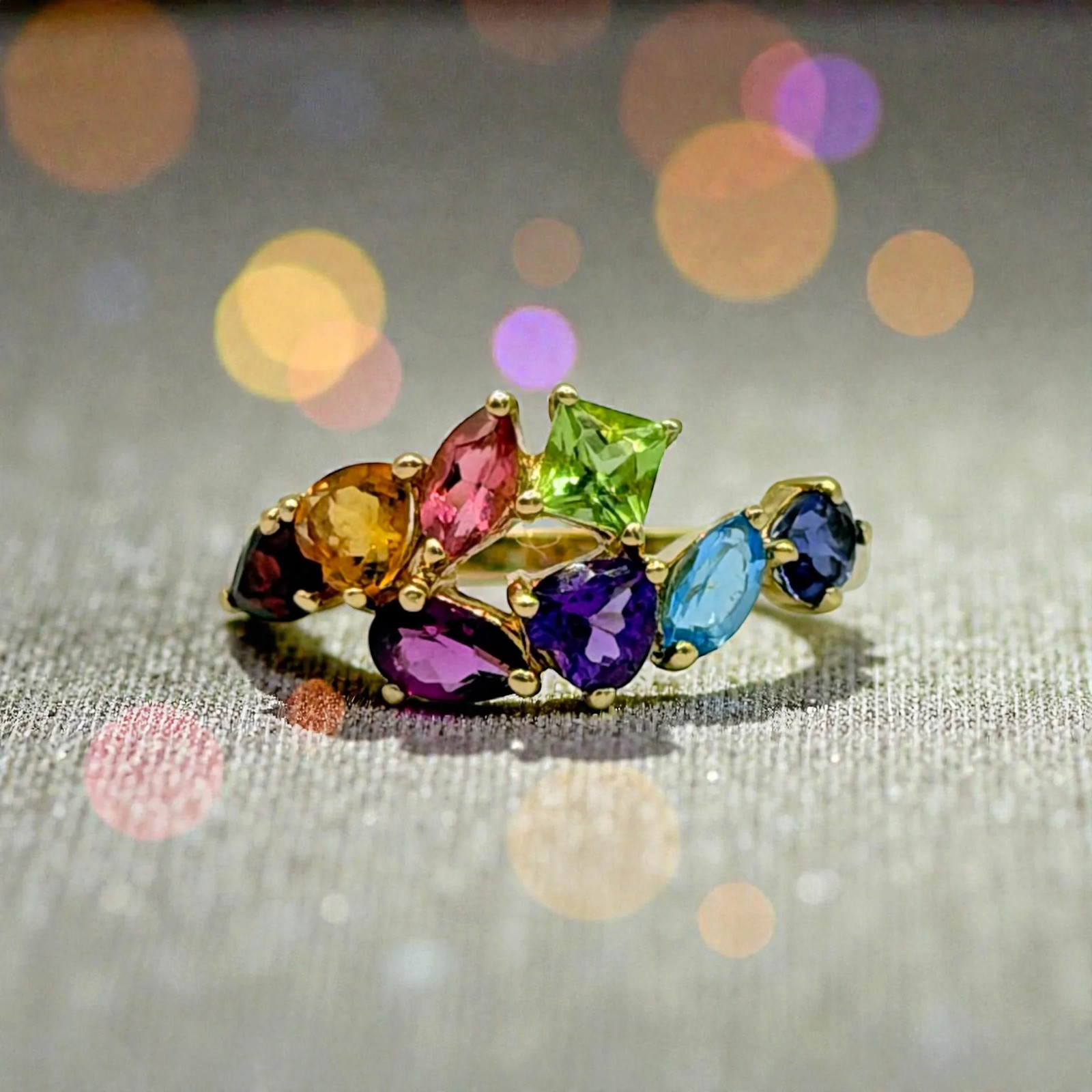 Solid 14K Yellow Gold Multi-Gemstone Ring with Em… - image 1