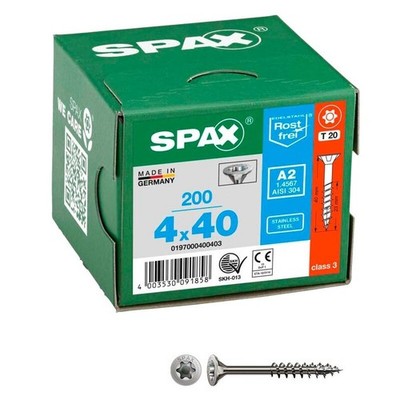 SPAX Edelstahlschrauben T20 Senkkopf Edelstahl A2, 4 mm x 40 mm, 200 Stück