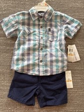 Calvin Klein Boys 2 Piece Plaid Button Shirt and Navy Short Set size 12m NWT