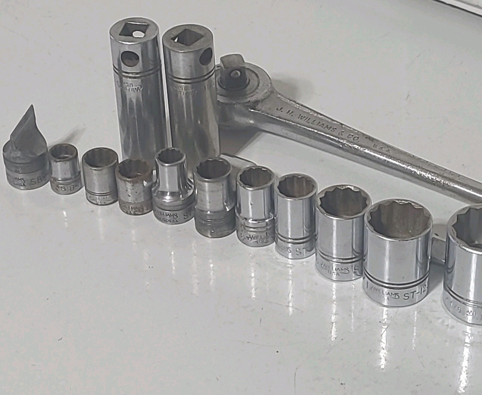 Vintage 15 Pc Williams 1/2" Dr. Mixed Socket Set Scroll Logo S-52 Ratchet Tools 