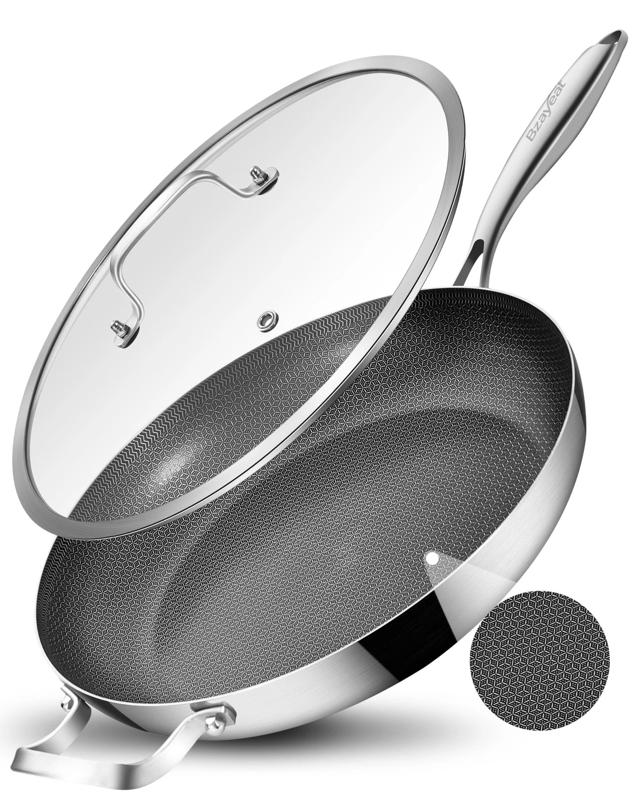 12 Inch Non-Stick Ceramic Stainless Steel Frying Pan - With Lid & Helper Hand...