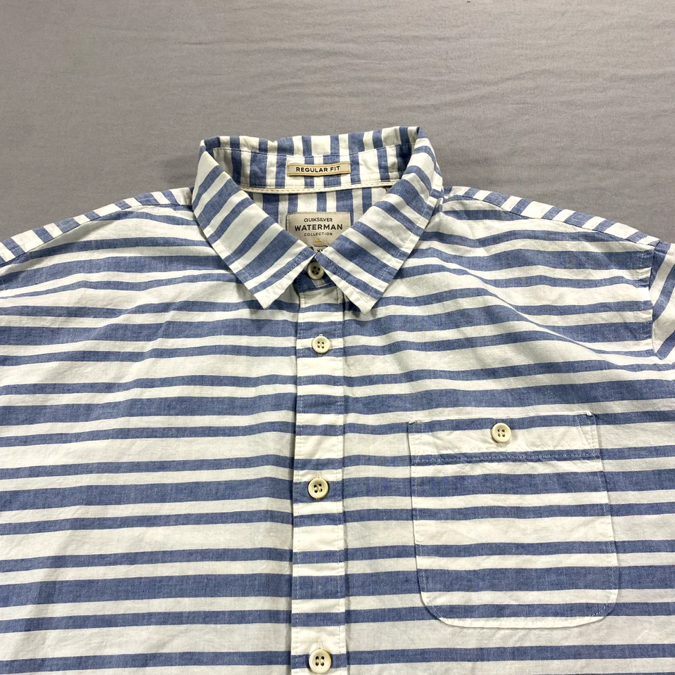Camisa Quiksilver Waterman Para Hombres XL Azul Blanco Rayas Abotonada Campamento Playa Adulto Foto 3 de 4