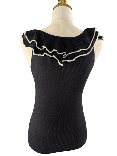 Top LAUREN Ralph Lauren nero 100% seta maglia VINTAGE con volant piccolo - Foto 6 di 7