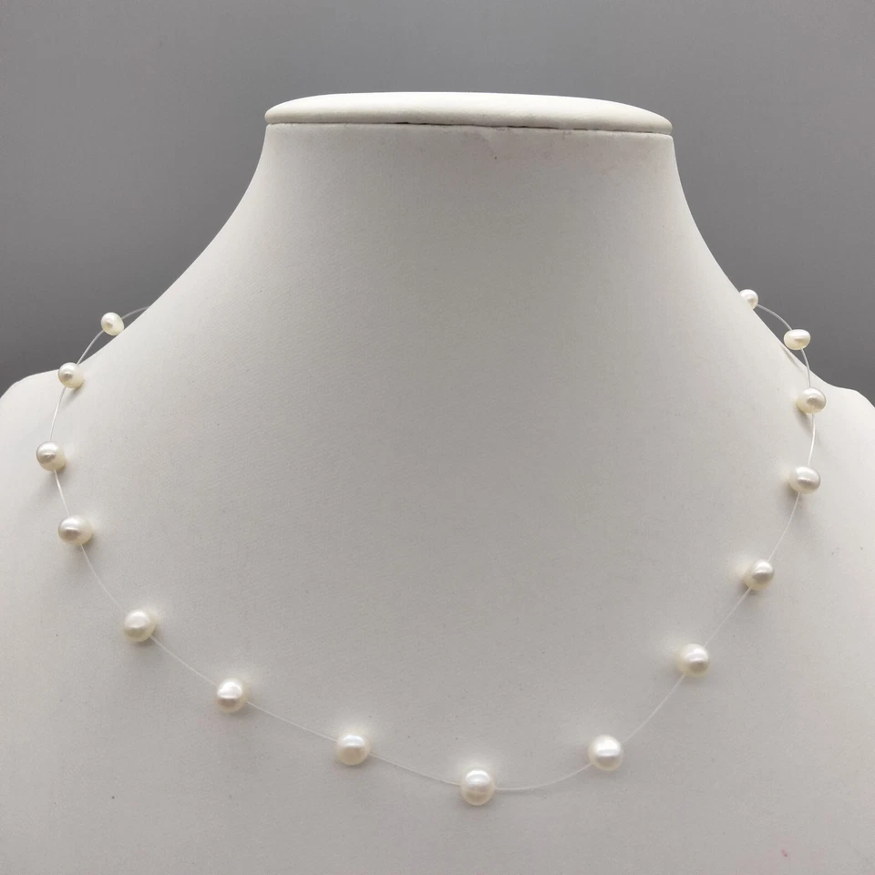 Collar de Perlas Flotantes de Diseñador Oro 14k 5 mm 16" Firmado "D" Elegancia Vintage