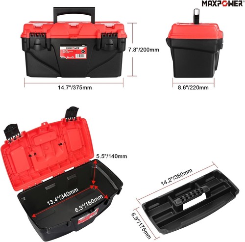 15 Inch Plastic Tool Box with Removable Tray - Dual Lock Secured & Lightweight - Picture 4 of 9
