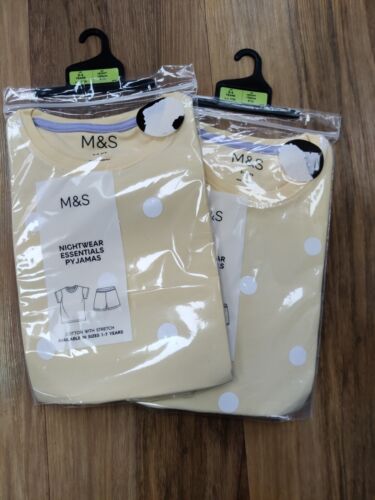 2 paires neuves de shorts pyjama coton M&S jaune avec taches blanches 3-4 ans - Photo 1 sur 3