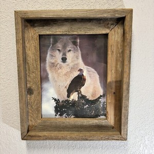 Majestic Eagle And Wolf 11X13 Cedar Wood Framed Picture Print Nature Art