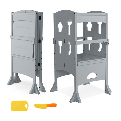 Kids Folding Kitchen Step Ladder Stool Wooden Toddler Safety Tower Helper Gray