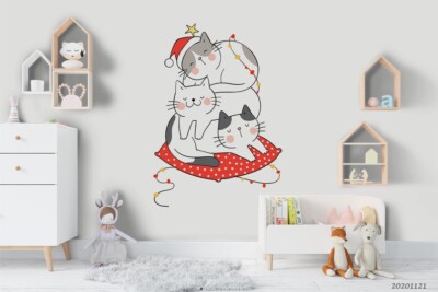 3D Catroon Cat Family Wallpaper Wall Mural Removable Self-adhesive Sticker7406