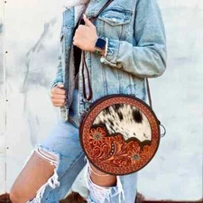 NWT Myra Bag MultiColor Floral Hand Tooled Hairon Leather Round Bag Western Boho