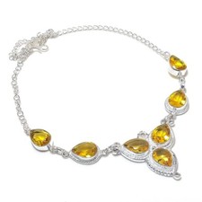 Gelber Citrin Edelstein Handarbeit 925 Sterlingsilber Schmuck Halskette Größe...