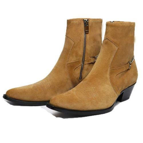 New Mens Pointy Toe Biker Business Cowboy Real Leather Chelsea Ankle