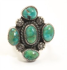 Vintage Navajo SIGNED Sterling Silver Green Turquoise Cluster Ring Sz5.25
