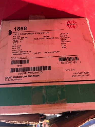 US Motors 1868 3/4 HP 208-230V Condenser Fan Motor NOS Nidec K055TLM9431012B