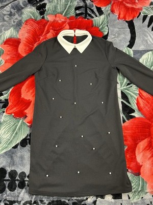 Women s Black Shift Dress White Collar Pearl Detail Long Sleeve Size S/M