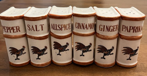 Spice Book-Shape Rooster Jars: Salt, Pepper, Allspice, Cinnamon, Ginger, Paprika