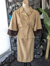 Vtg 50s Couture Int'l Two-piece Wool Camel Color Suit Fur Trim Bell Sleeves Sz S