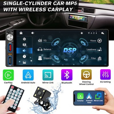 Single 1 DIN 6.86'' Car MP5 Player Touch Screen Wireless CarPlay Bluetooth FM USB