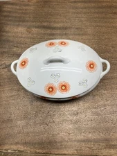 Vintage Unbranded Covered Vegetable Dish with handles Orange &Grey Floral Design