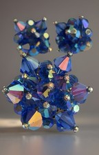 Vtg Royal Blue Aurora Borealis Crystal Star  Rhinestone Brooch  Earrings J18