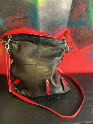 Vera Pelle Genuine Leather Shoulder Bag Purse Black Red  Made in Italy Never Use