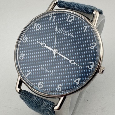 Vintage Geneva Quartz Watch Unisex Silver Blue Fabric Textured Dial New Battery