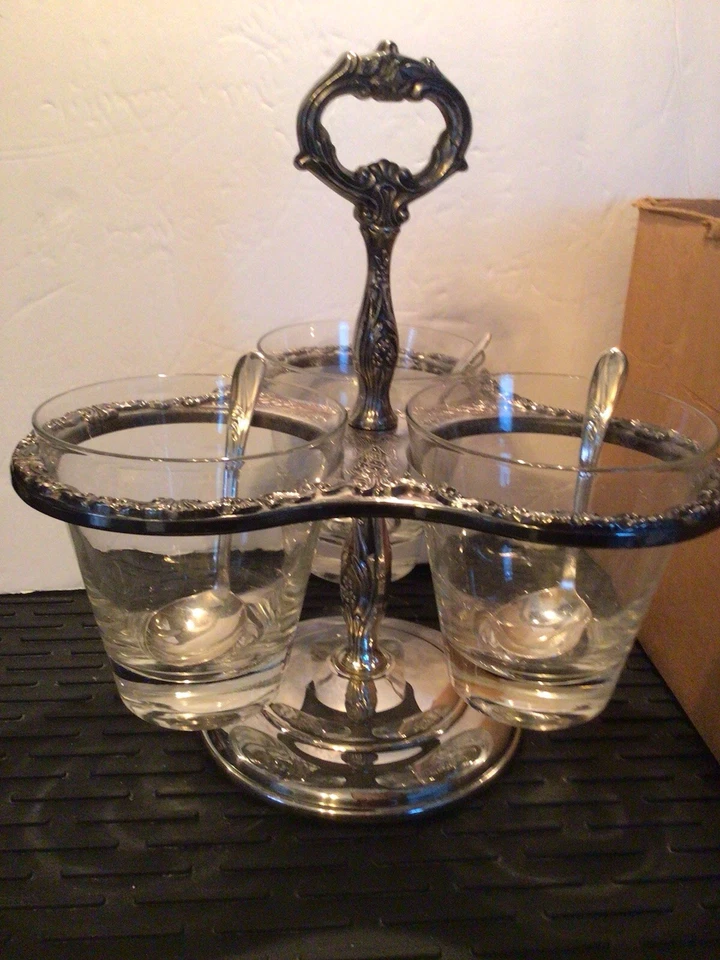 Vtg Ornate Sheridan Silver  Condiment Set,Dishes, Spoons,org Box Damaged. - Image 3 of 4