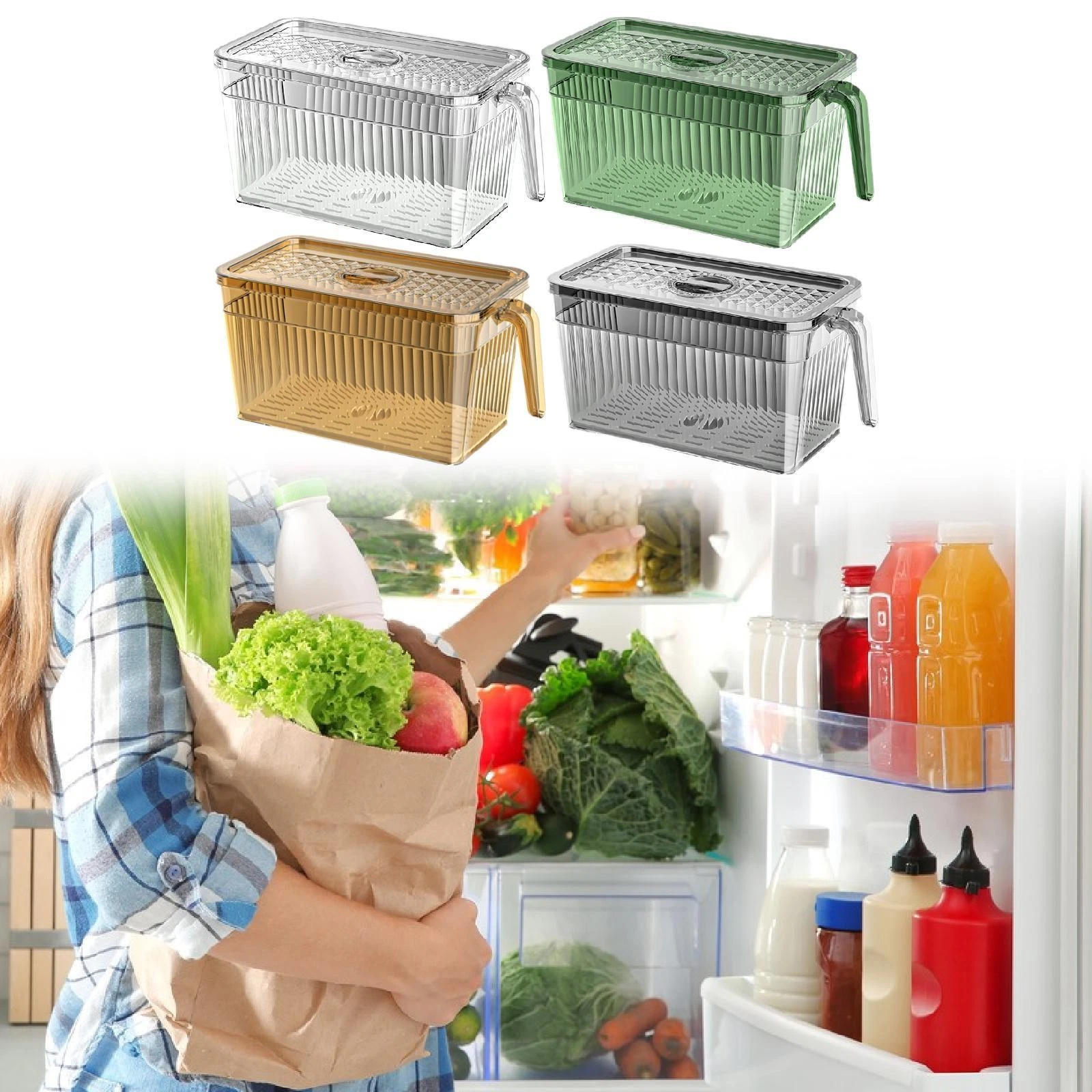 Fridge Organizer Storage Container with Removable Drain Tray, Multipurpose