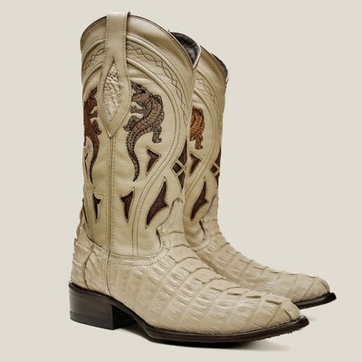 Genuine Exotic Alligator Crocodile Caiman Tail J-Toe Western Cowboy Boots - Bone