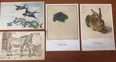 Lot of 4 Antique German Illustrated Postcards Animals Birds Easter c1900 1930