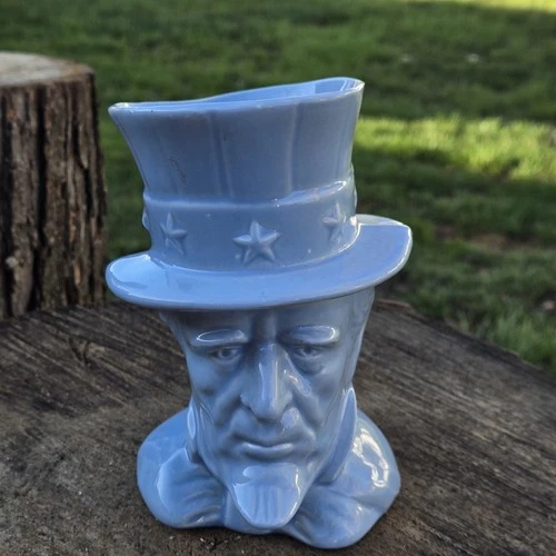Vintage Ceramic McCoy Pottery Uncle Sam Planter Light Blue Glaze Tall Hat Stars