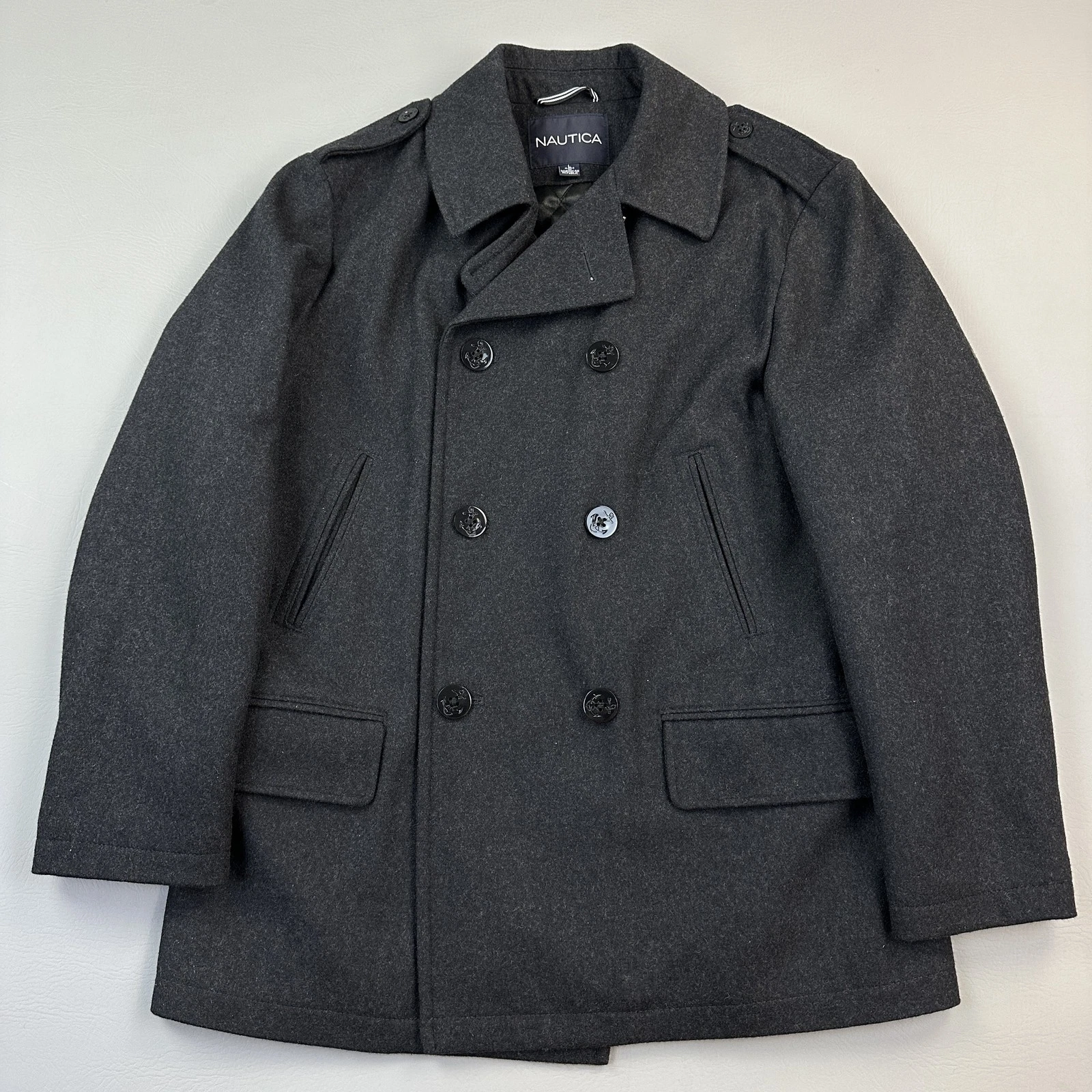 Nautica Peacoat Jacket Mens Large Charcoal Wool Blend Quilt Lined Insulated Coat