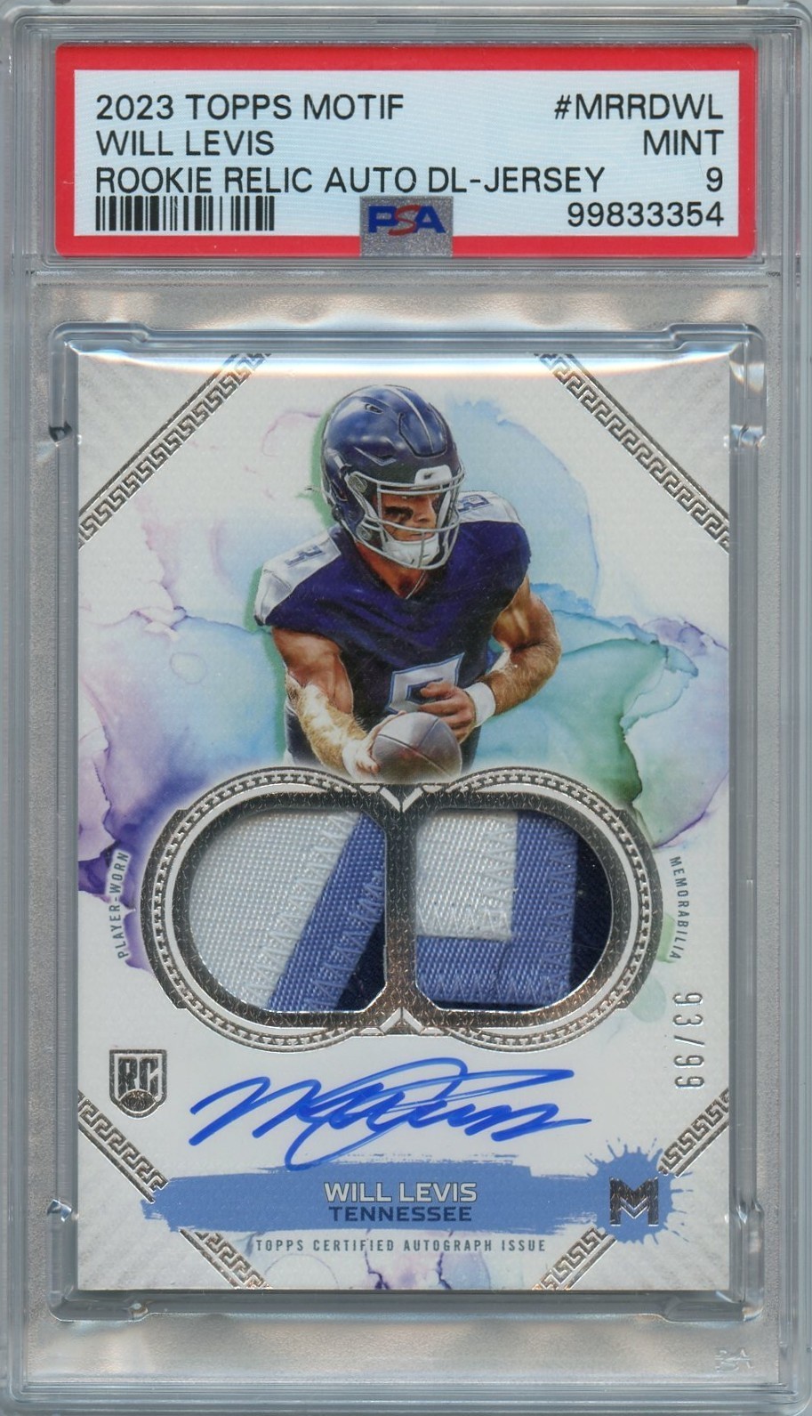WILL LEVIS 2023 TOPPS MOTIF DUAL JERSEY ROOKIE PATCH AUTO #'D 93/99 PSA 9 POP 3