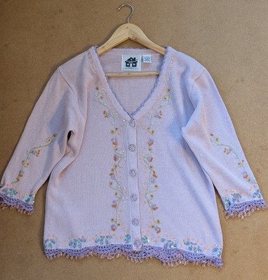Storybook Knits Vintage Knitwear Lilac Embroidered Large Fairycore Cottagecore