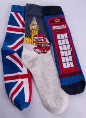 Unisex Union Jack Bus Big Ben Phone Box Cotton Rich Novelty Kids Socks 8-15Y
