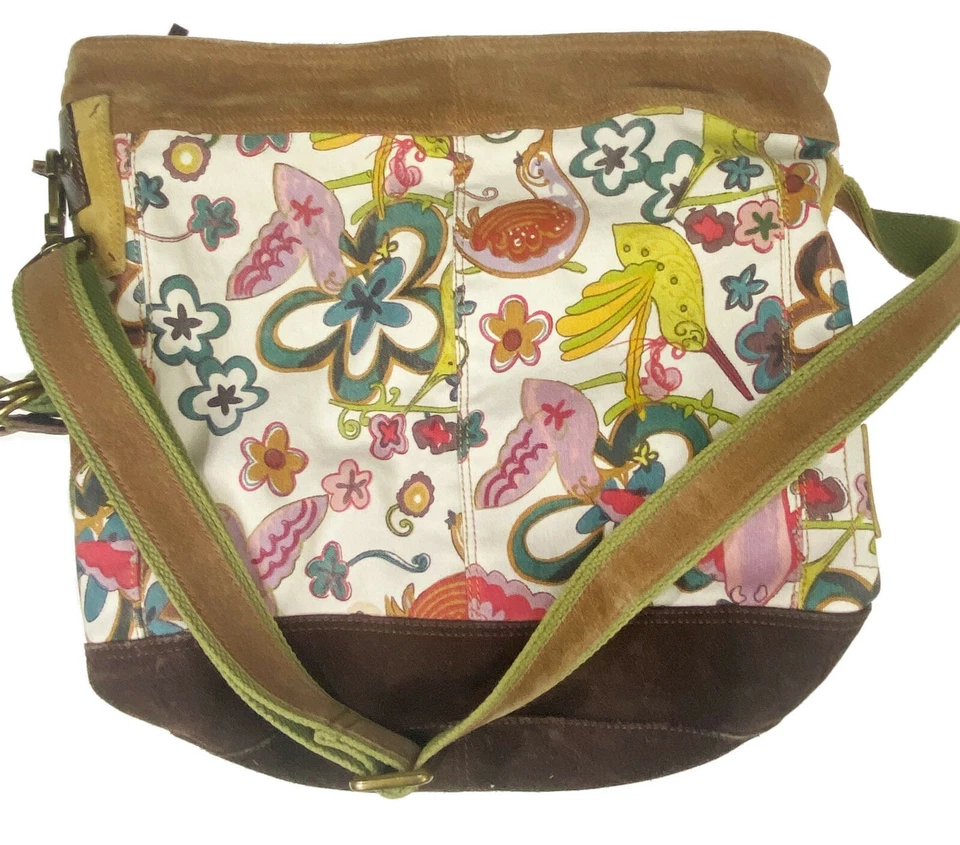 Lucky Brand Bucket Shoulder Bag Crossbody Canvas Suede Hummingbird Festival Boho - Image 3 of 4