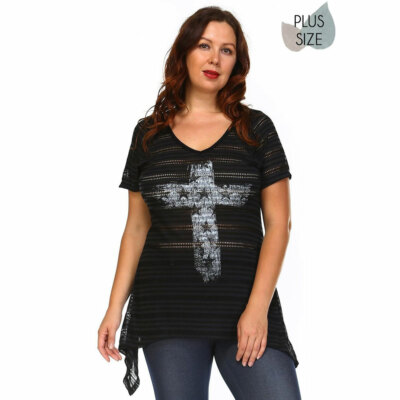 Urban X PLUS SIZE Black Short Sleeve Shirt Vintage Cross Graphic Tunic Top